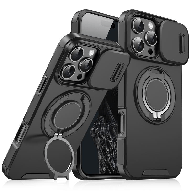 Case with Slide Camera Cover & Rotatable Ring Kickstand, Grade Shockproof Protective Case for iPhone 11/12/13/14/15/16/17 Series