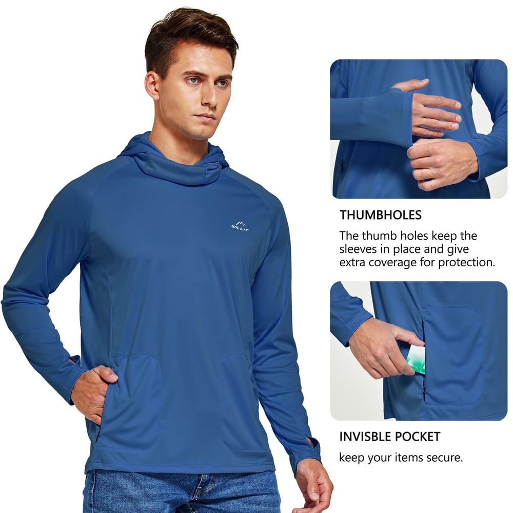 Men's Sun Protection Hoodie Shirt UPF 50+ Long Sleeve UV SPF T-Shirts with Mask Rash Guard Fishing Lightweight