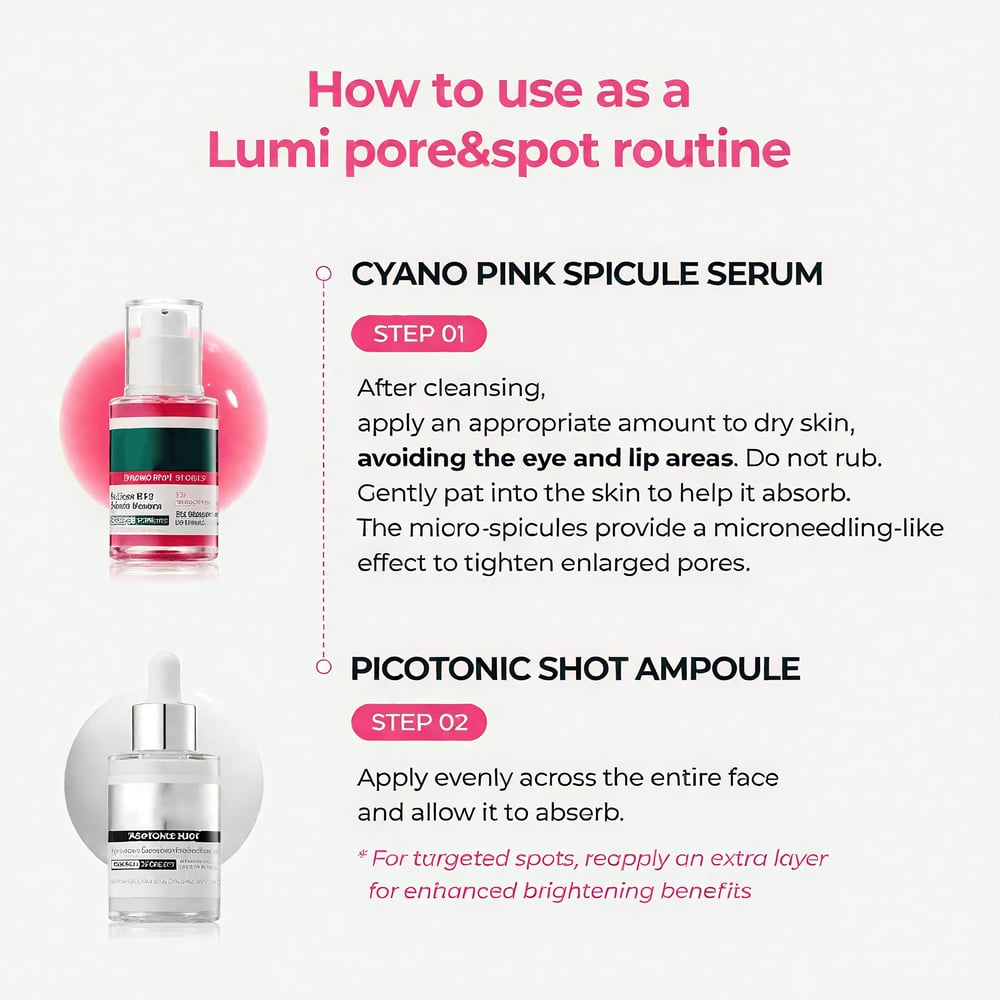 🔥This week special sales 🔥Lumi Pore & Spot Care Duo | Shrinks Pores & Fades Blemish Marks | Cyano Pink Spicule Serum + Picotonic Shot Ampoule