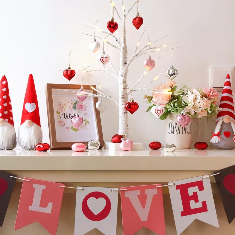 Valentines Day Decor Lighted Birch Tree with Heart Ornaments