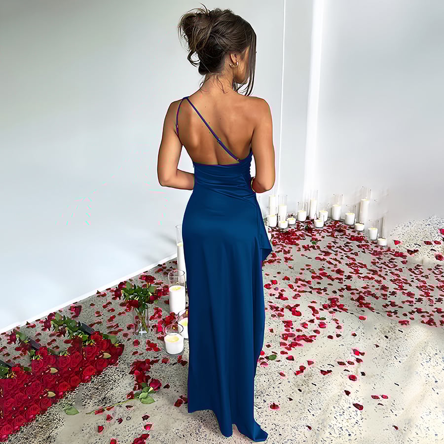 Women's Sexy One Shoulder Satin High SplitCocktail Wedding Party Maxi Dress
