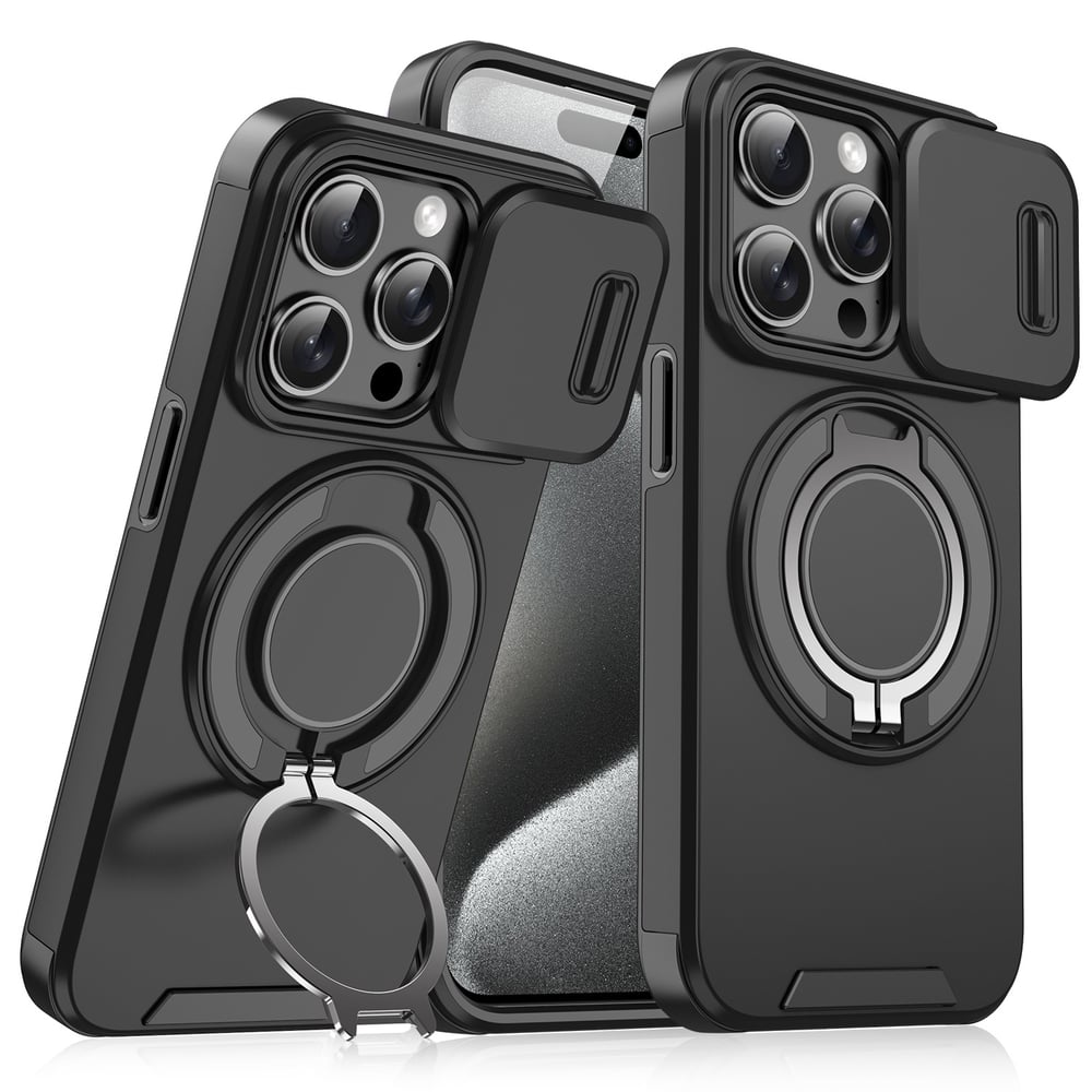 Case with Slide Camera Cover & Rotatable Ring Kickstand, Grade Shockproof Protective Case for iPhone 11/12/13/14/15/16/17 Series