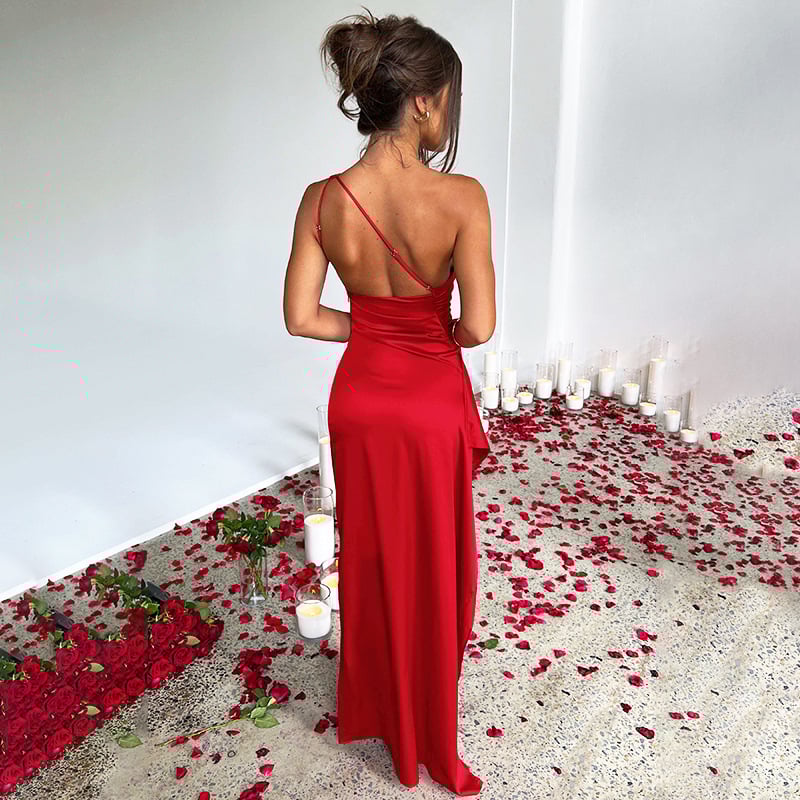 Women's Sexy One Shoulder Satin High SplitCocktail Wedding Party Maxi Dress