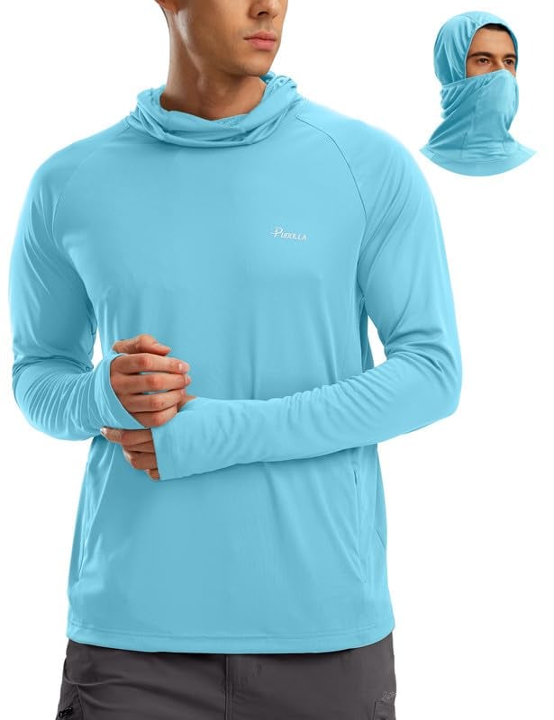 Men's Sun Protection Hoodie Shirt UPF 50+ Long Sleeve UV SPF T-Shirts with Mask Rash Guard Fishing Lightweight