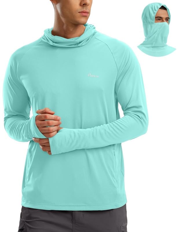 Men's Sun Protection Hoodie Shirt UPF 50+ Long Sleeve UV SPF T-Shirts with Mask Rash Guard Fishing Lightweight
