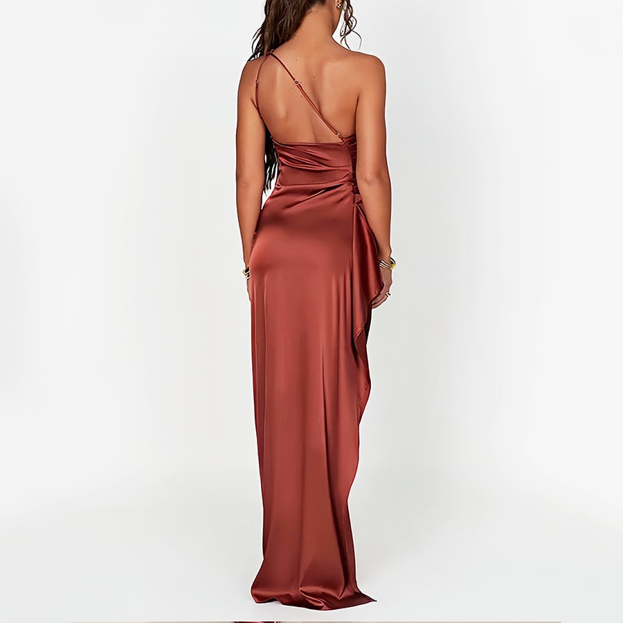 Women's Sexy One Shoulder Satin High SplitCocktail Wedding Party Maxi Dress