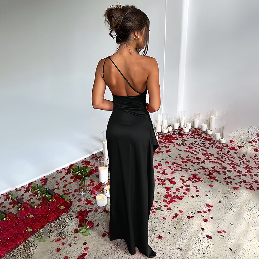 Women's Sexy One Shoulder Satin High SplitCocktail Wedding Party Maxi Dress