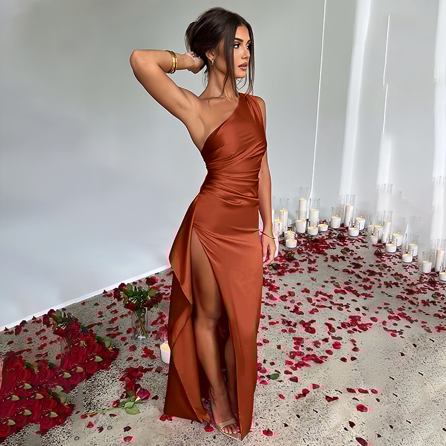 Women's Sexy One Shoulder Satin High SplitCocktail Wedding Party Maxi Dress