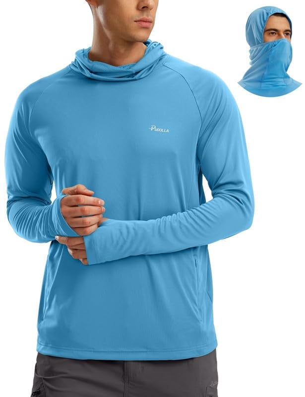 Men's Sun Protection Hoodie Shirt UPF 50+ Long Sleeve UV SPF T-Shirts with Mask Rash Guard Fishing Lightweight