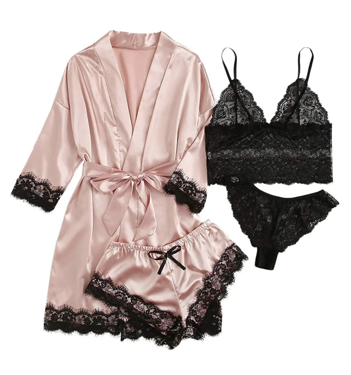 4pcs Women Striped Lingerie Set Lace Trim Robe Camisole Shorts Panties Nightwear Sleepwear
