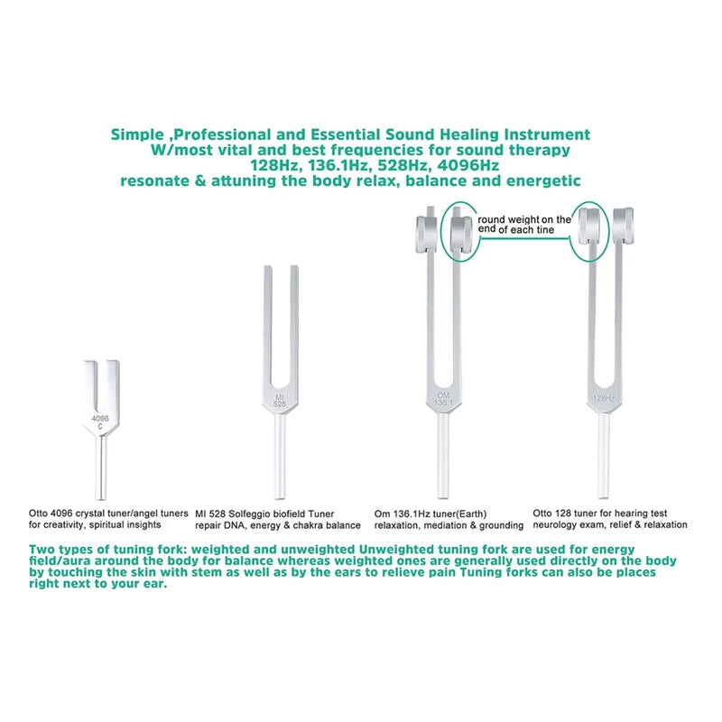4Pcs Tuning Fork Set (128Hz, OM 136.1Hz, MI 528Hz, 4096Hz),For Healing Chakra,Sound Therapy,Reliever Stress