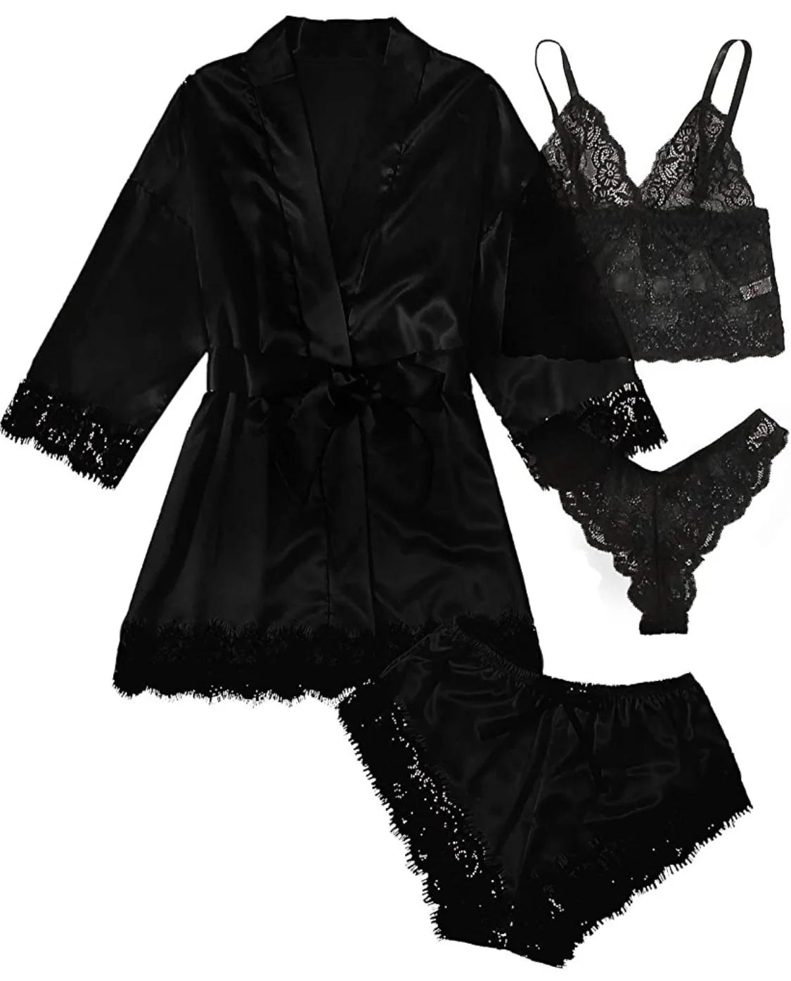 4pcs Women Striped Lingerie Set Lace Trim Robe Camisole Shorts Panties Nightwear Sleepwear