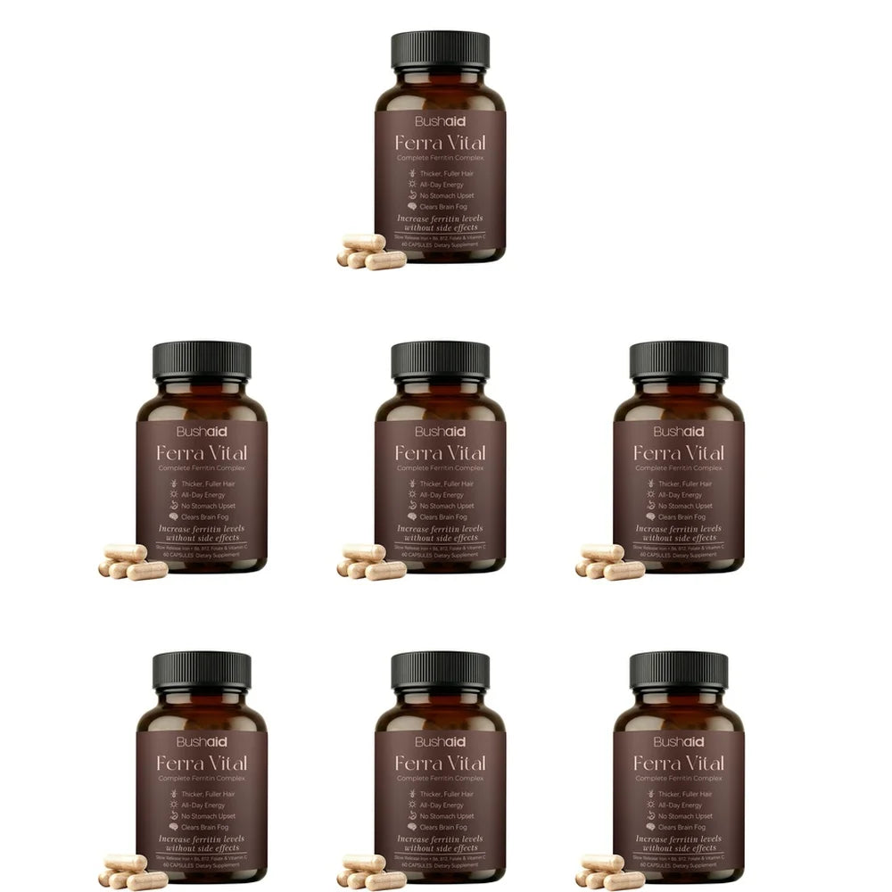 BushAid Ferra Vital Hair+ Capsules with Slow Release Iron, Zinc, Vitamins C, B6, B12, Folate for Strength and Shine 60 Capsules