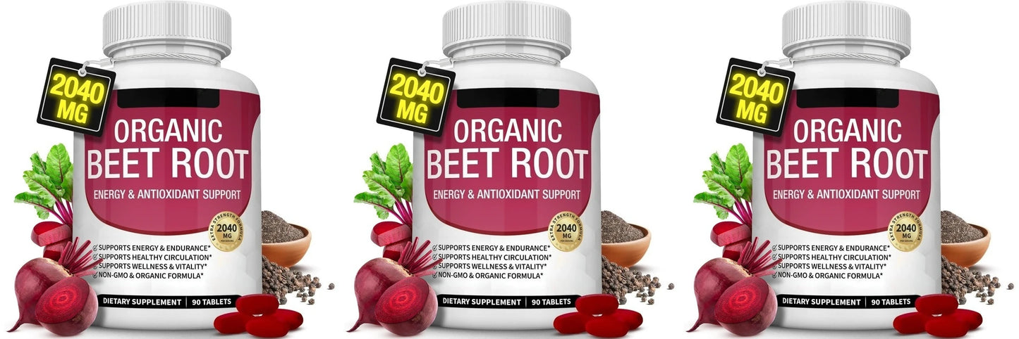 Organic Beet Root with Black Pepper Natural Energy Boost Immune Support Antioxidant Supplement Non-GMO Gluten Free 90 Tablets