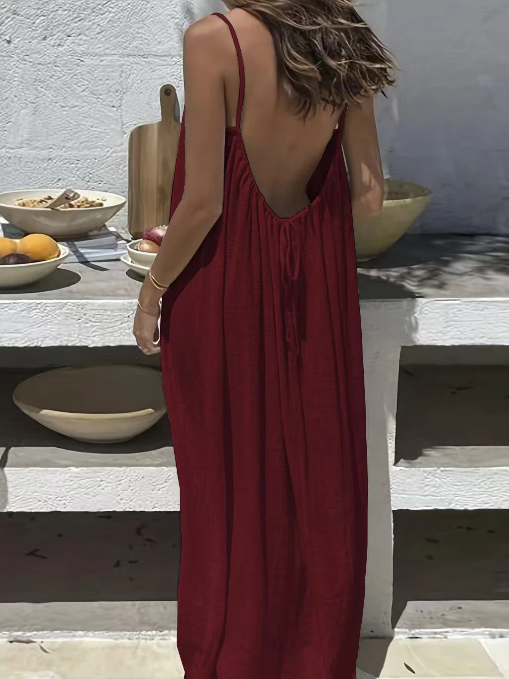 Backless Spaghetti Strap Cotton Long Dress