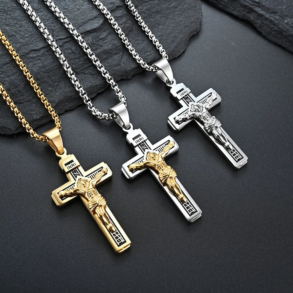Premium 3D Engraved Stainless Steel Cross Necklace For Men Faith Jewelry, Waterproof & Sweatproof, No Fading Or Discoloration