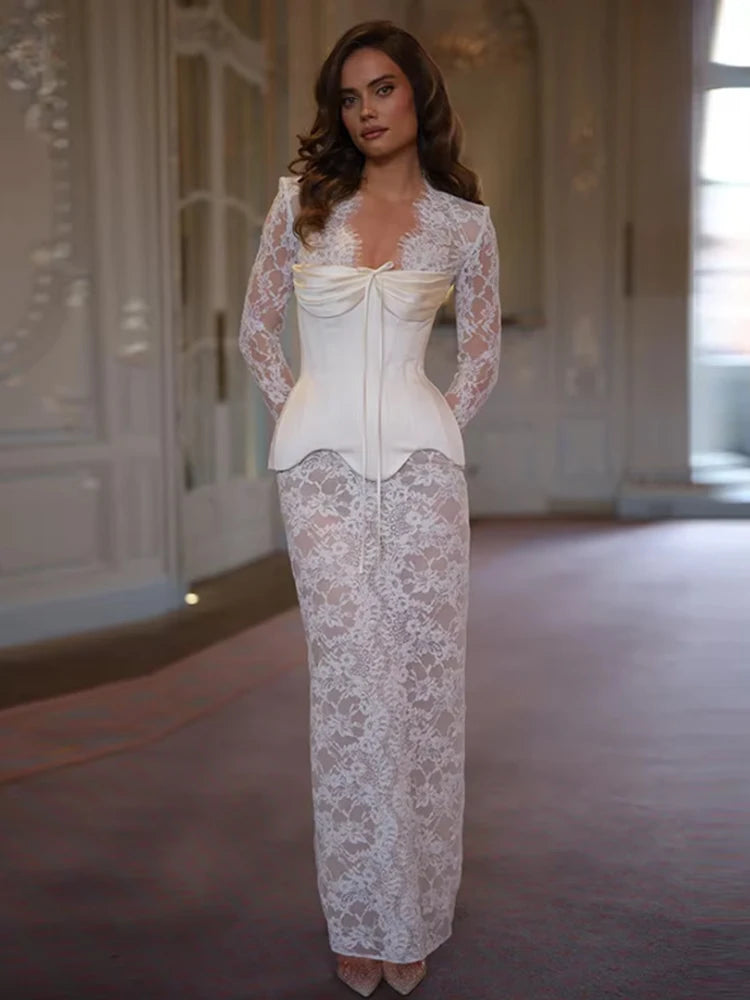 Sexy Corset Lace Dress Suit Strapless Fishbone Tops Slim Waist Long Sleeve Mini Dresses