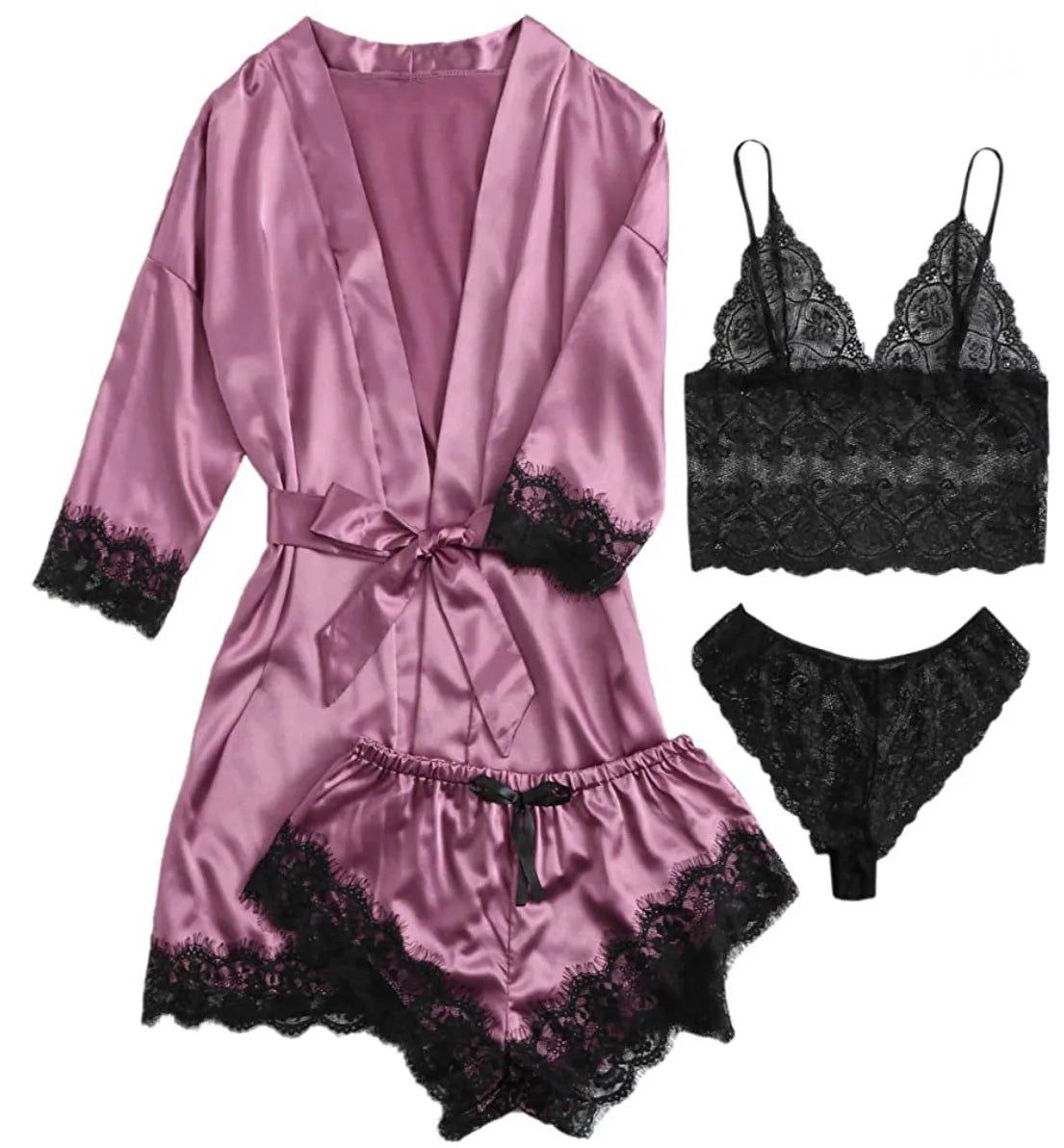 4pcs Women Striped Lingerie Set Lace Trim Robe Camisole Shorts Panties Nightwear Sleepwear