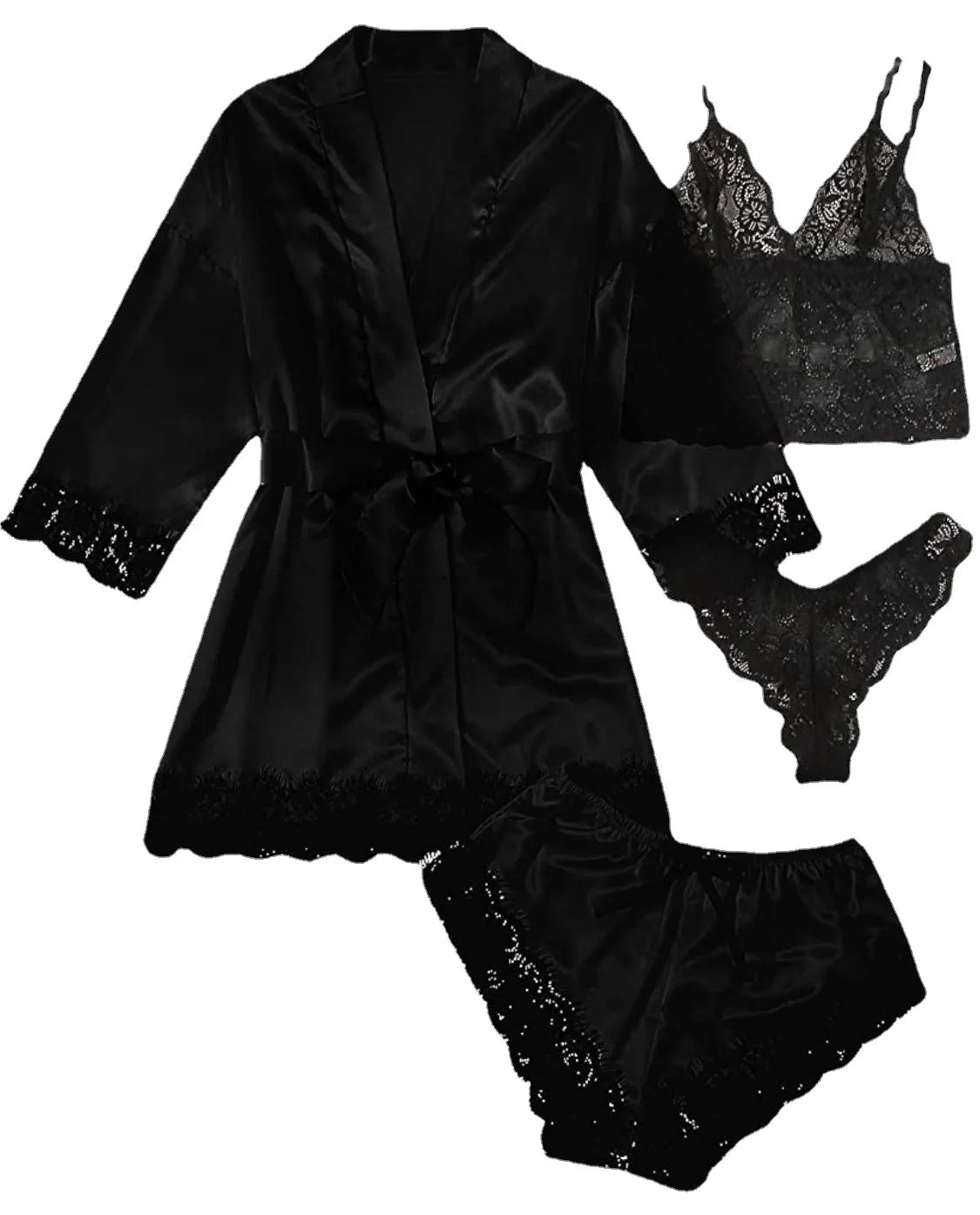 4pcs Women Striped Lingerie Set Lace Trim Robe Camisole Shorts Panties Nightwear Sleepwear