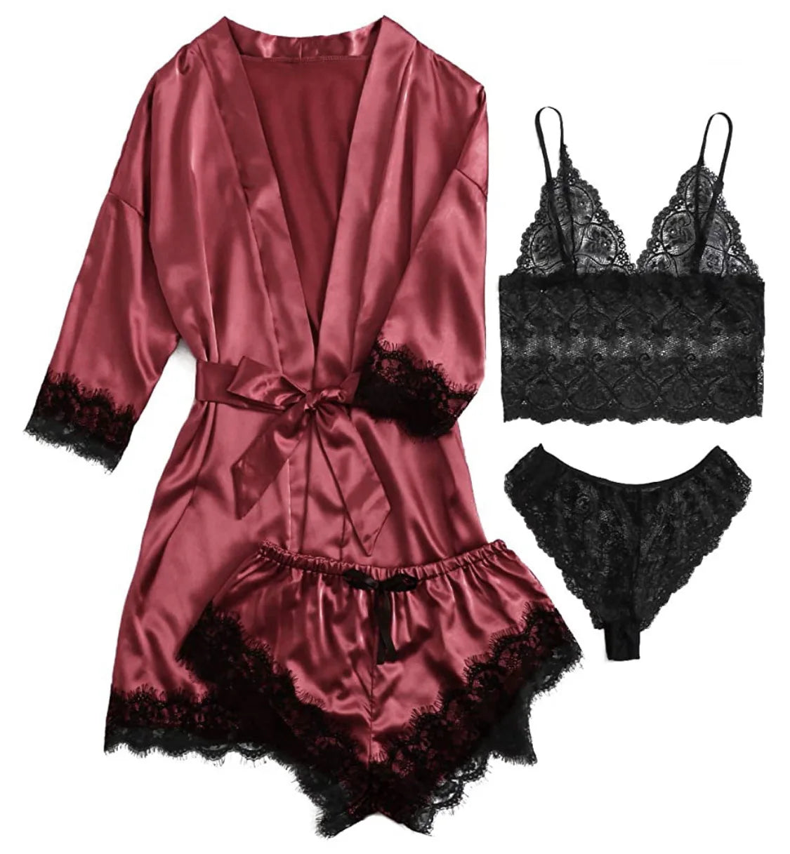 4pcs Women Striped Lingerie Set Lace Trim Robe Camisole Shorts Panties Nightwear Sleepwear