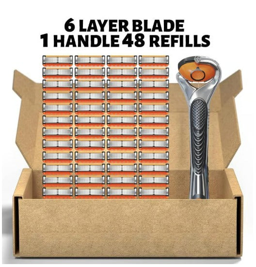 48-Piece Men's Razor Blade Replacement Set with Free Handle Stainless Steel Blades for Smooth Shaving