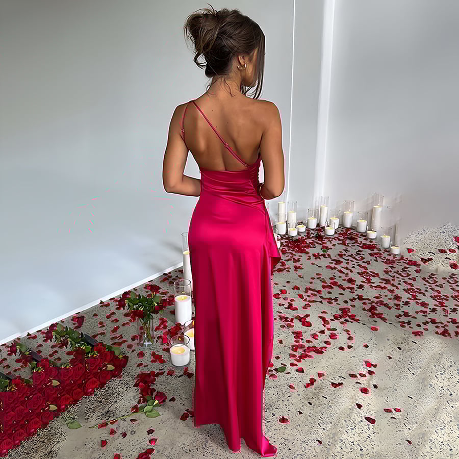 Women's Sexy One Shoulder Satin High SplitCocktail Wedding Party Maxi Dress