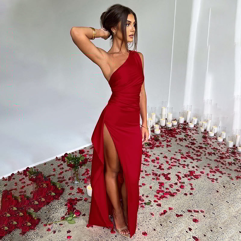 Women's Sexy One Shoulder Satin High SplitCocktail Wedding Party Maxi Dress