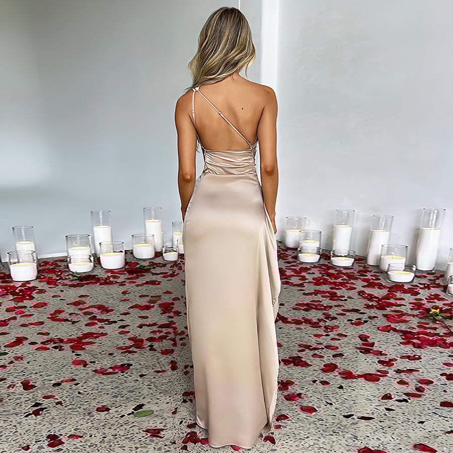 Women's Sexy One Shoulder Satin High SplitCocktail Wedding Party Maxi Dress