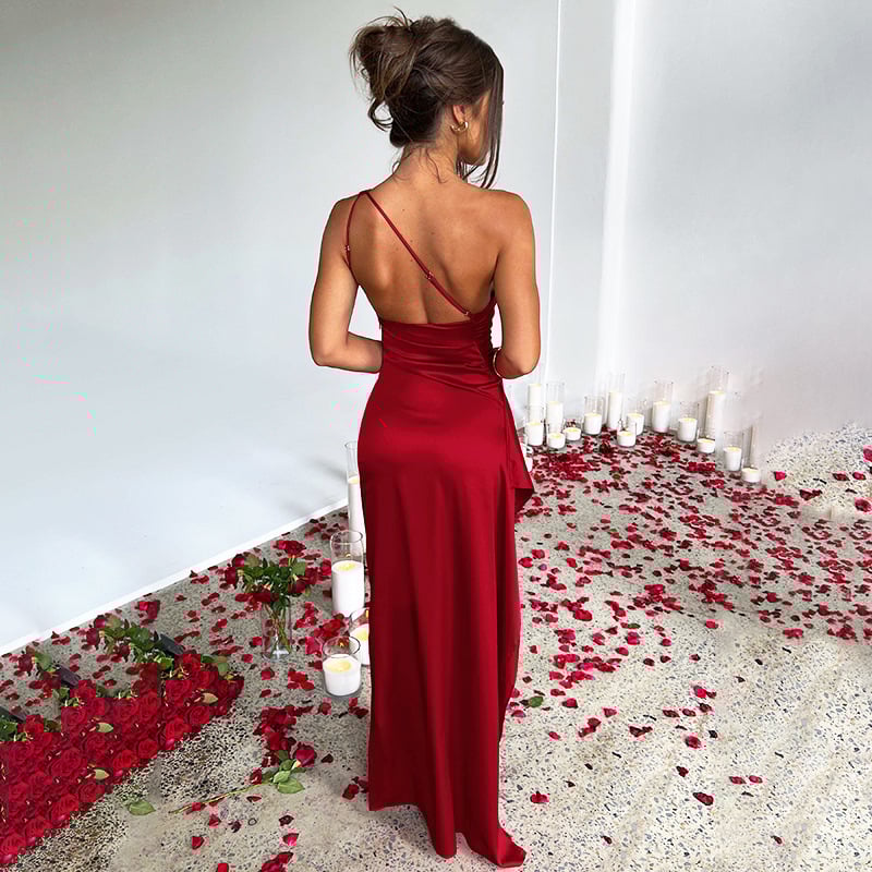 Women's Sexy One Shoulder Satin High SplitCocktail Wedding Party Maxi Dress