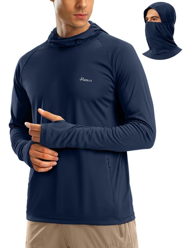 Men's Sun Protection Hoodie Shirt UPF 50+ Long Sleeve UV SPF T-Shirts with Mask Rash Guard Fishing Lightweight