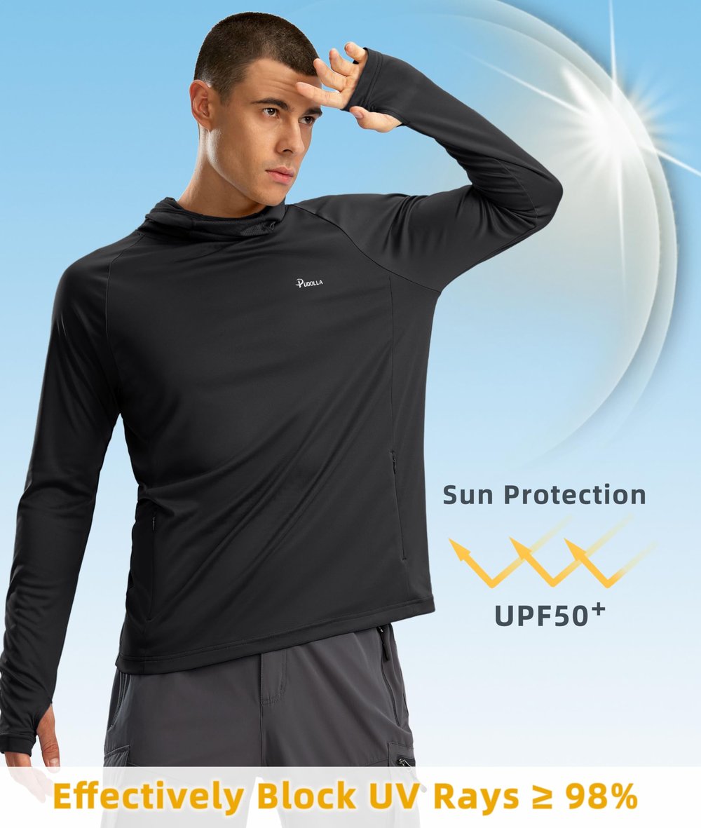 Men's Sun Protection Hoodie Shirt UPF 50+ Long Sleeve UV SPF T-Shirts with Mask Rash Guard Fishing Lightweight