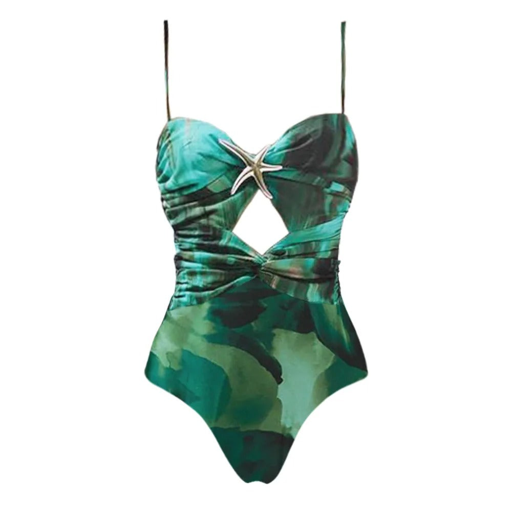 Dbvacay Starfish Decoration Print Hollow-out Flared Skirt Swimsuit Set