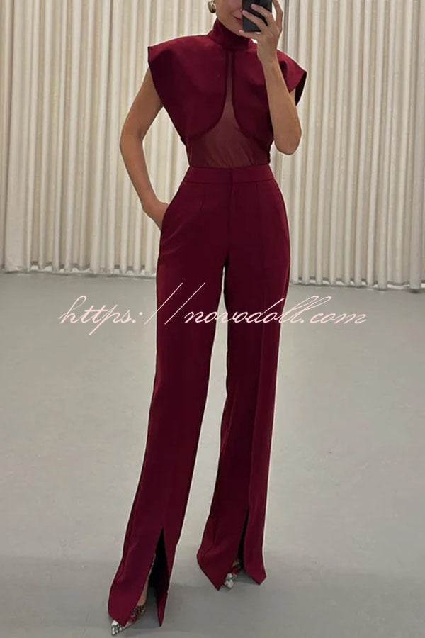Vita Mesh Patchwork High Neck Wide Sleeve Bodysuit and High Rise Pocket Slit Pants Set