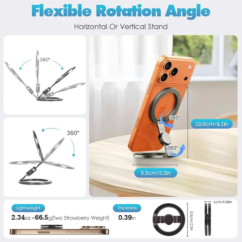 Phone Stand & Fidget Spinner Combo, Dual Magnetic Ring Stand, Foldable, 360° Rotation