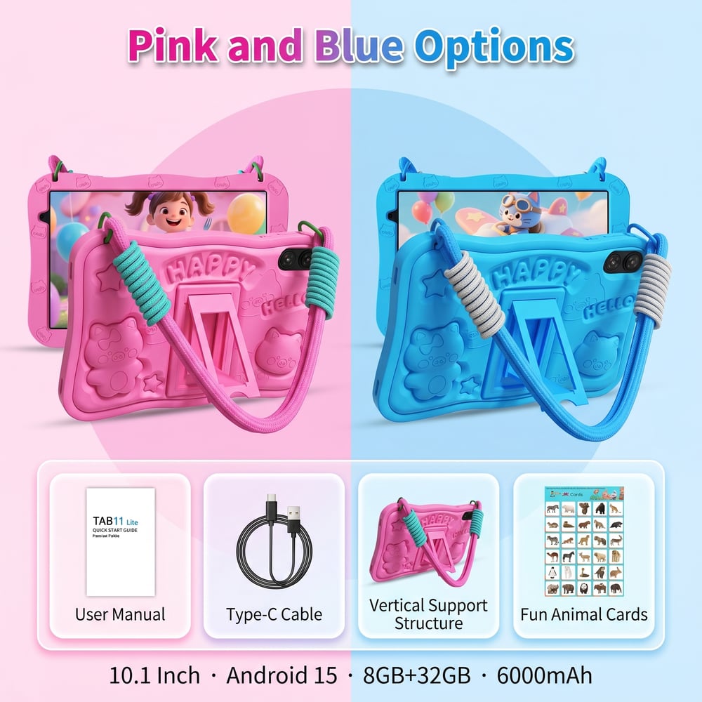 10.1 Inch Kids Tablet Android 15 8GB+32GB 6000mAh Shockproof Silicone Case Educational Tablet for Toddlers 📚