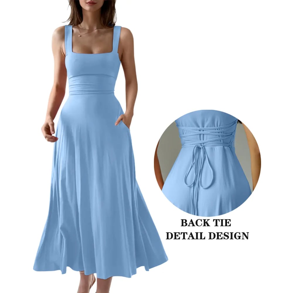 Women's Sleeveless Square Neck A-Line Maxi Dress with Pockets