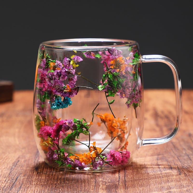 Transparent Double Glass Flower Tea Cup 350 ml