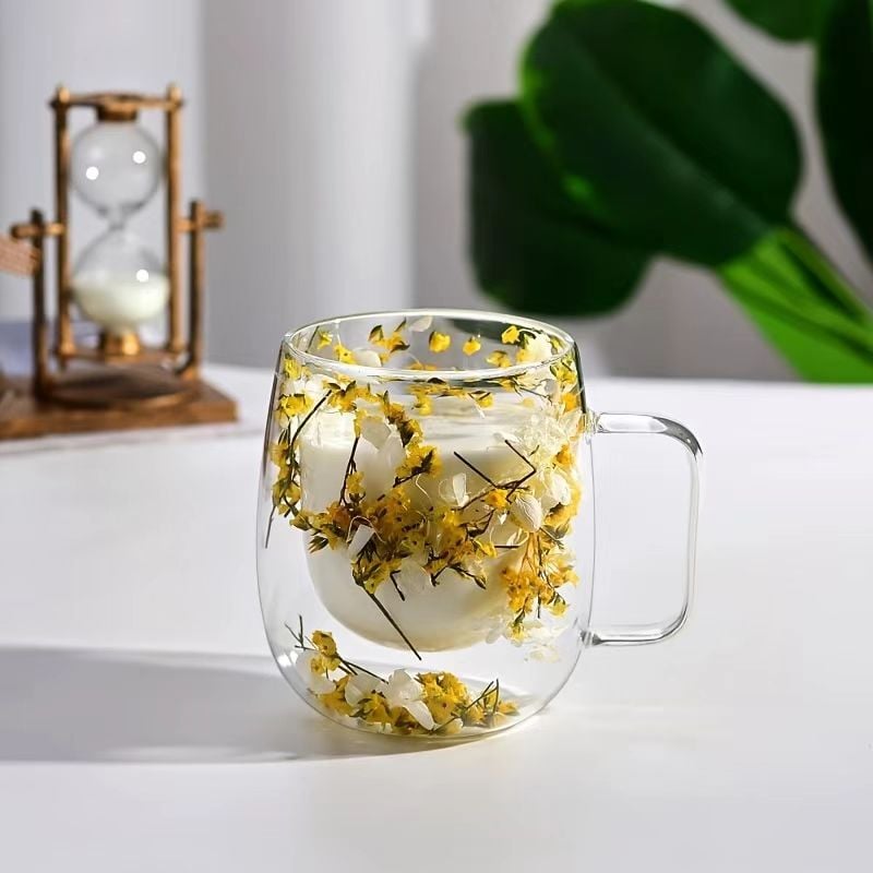 Transparent Double Glass Flower Tea Cup 350 ml