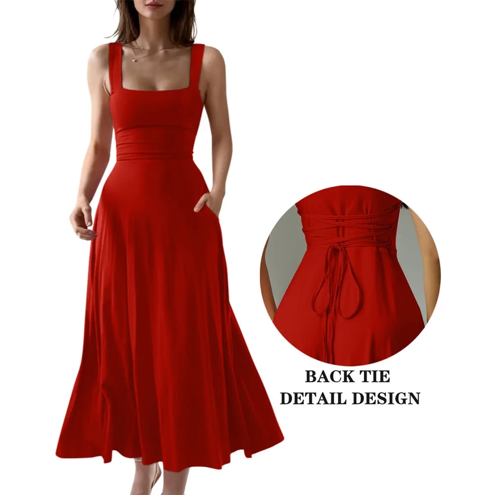 Women's Sleeveless Square Neck A-Line Maxi Dress with Pockets