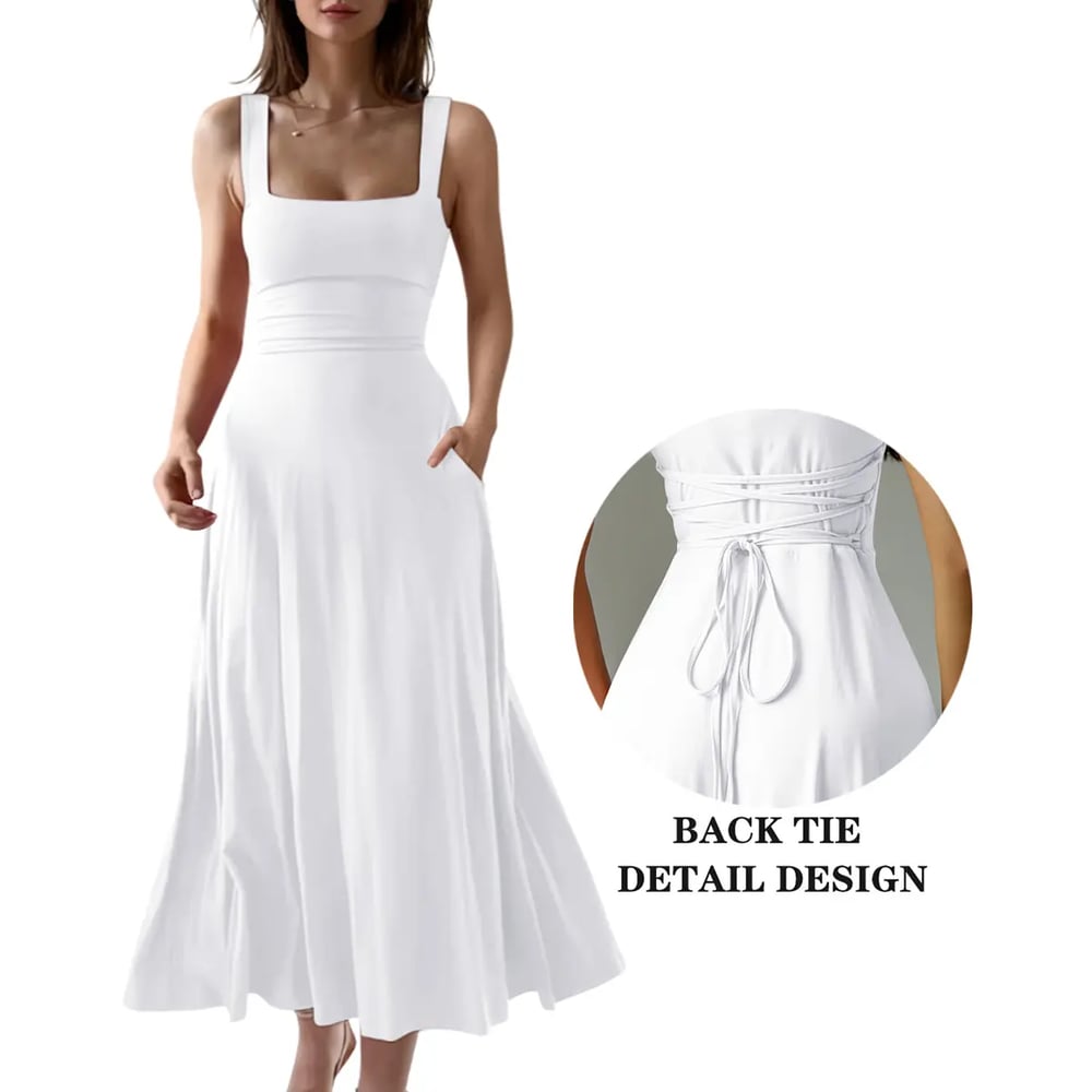 Women's Sleeveless Square Neck A-Line Maxi Dress with Pockets
