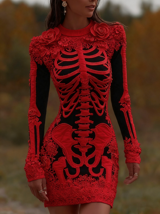 Women's Vintage Halloween Skeleton Bones With Rose Art Cozy Knit Mini Sweater Dress