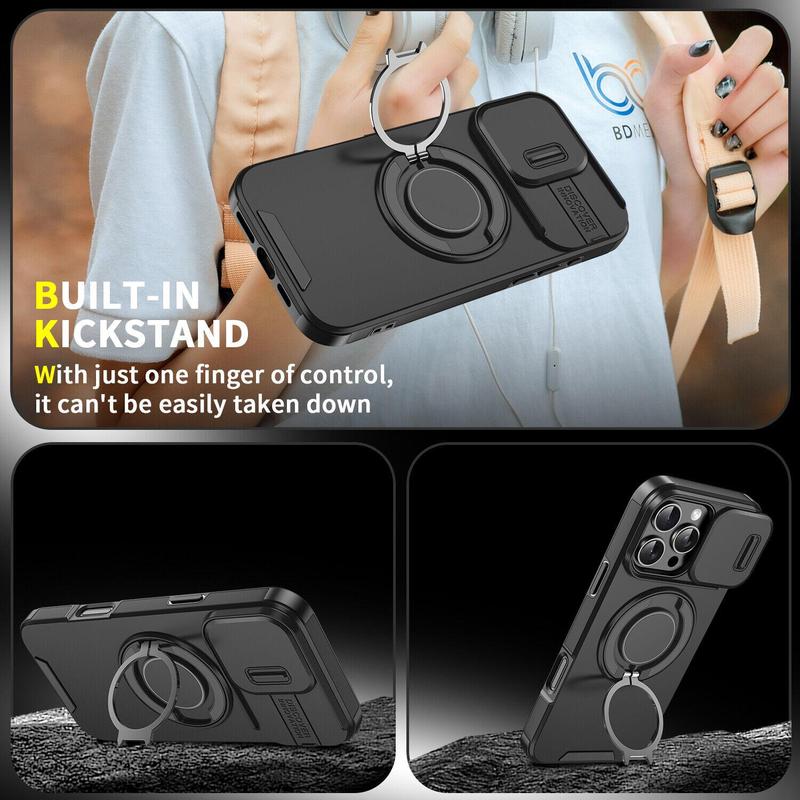 Case with Slide Camera Cover & Rotatable Ring Kickstand,  Grade Shockproof Protective Case for iPhone 11/12/13/14/15/16/17 Series