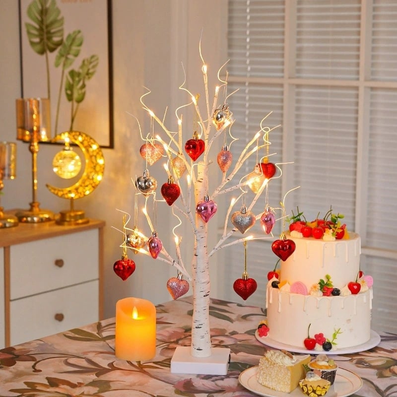 Valentines Day Decor Lighted Birch Tree with Heart Ornaments