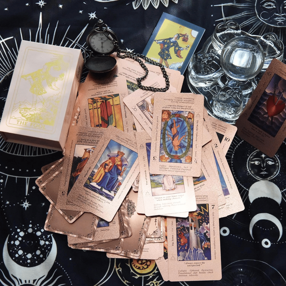 Witchy Cauldron Rose Gold Tarot Cards with Guide Book Waterproof Wrinkle Resistant Foil Tarot Deck for Beginners Includes Chakras Planets Zodiac Signs Elements & Affirmations