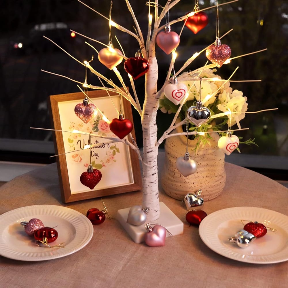 Valentines Day Decor Lighted Birch Tree with Heart Ornaments