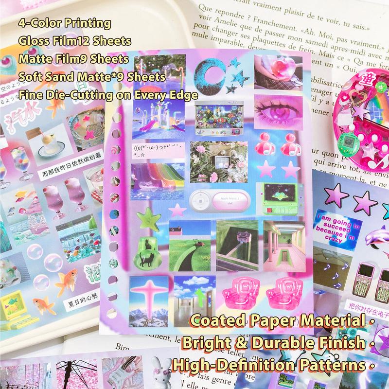 2 Styles 30 Sheets Dreamcore Aesthetic Sticker Book – Frutiger Aero-Inspired Die-Cut Glossy/Matte Textured Stickers