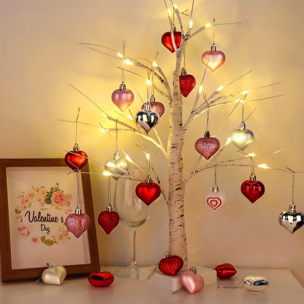 Valentines Day Decor Lighted Birch Tree with Heart Ornaments