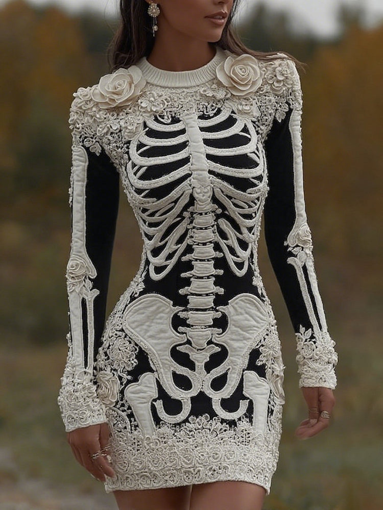 Women's Vintage Halloween Skeleton Bones With Rose Art Cozy Knit Mini Sweater Dress
