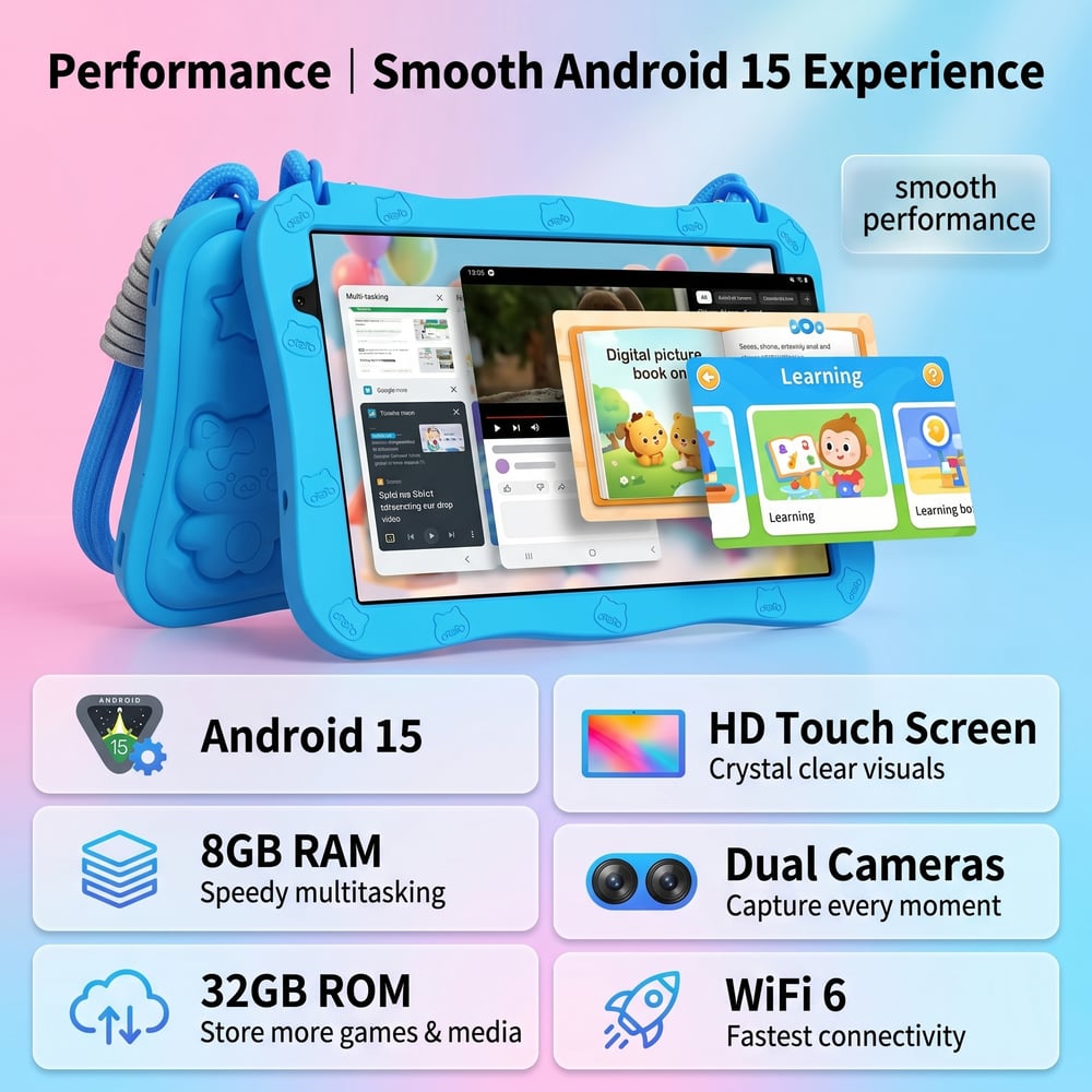 10.1 Inch Kids Tablet Android 15 8GB+32GB 6000mAh Shockproof Silicone Case Educational Tablet for Toddlers 📚