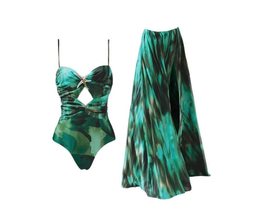 Dbvacay Starfish Decoration Print Hollow-out Flared Skirt Swimsuit Set